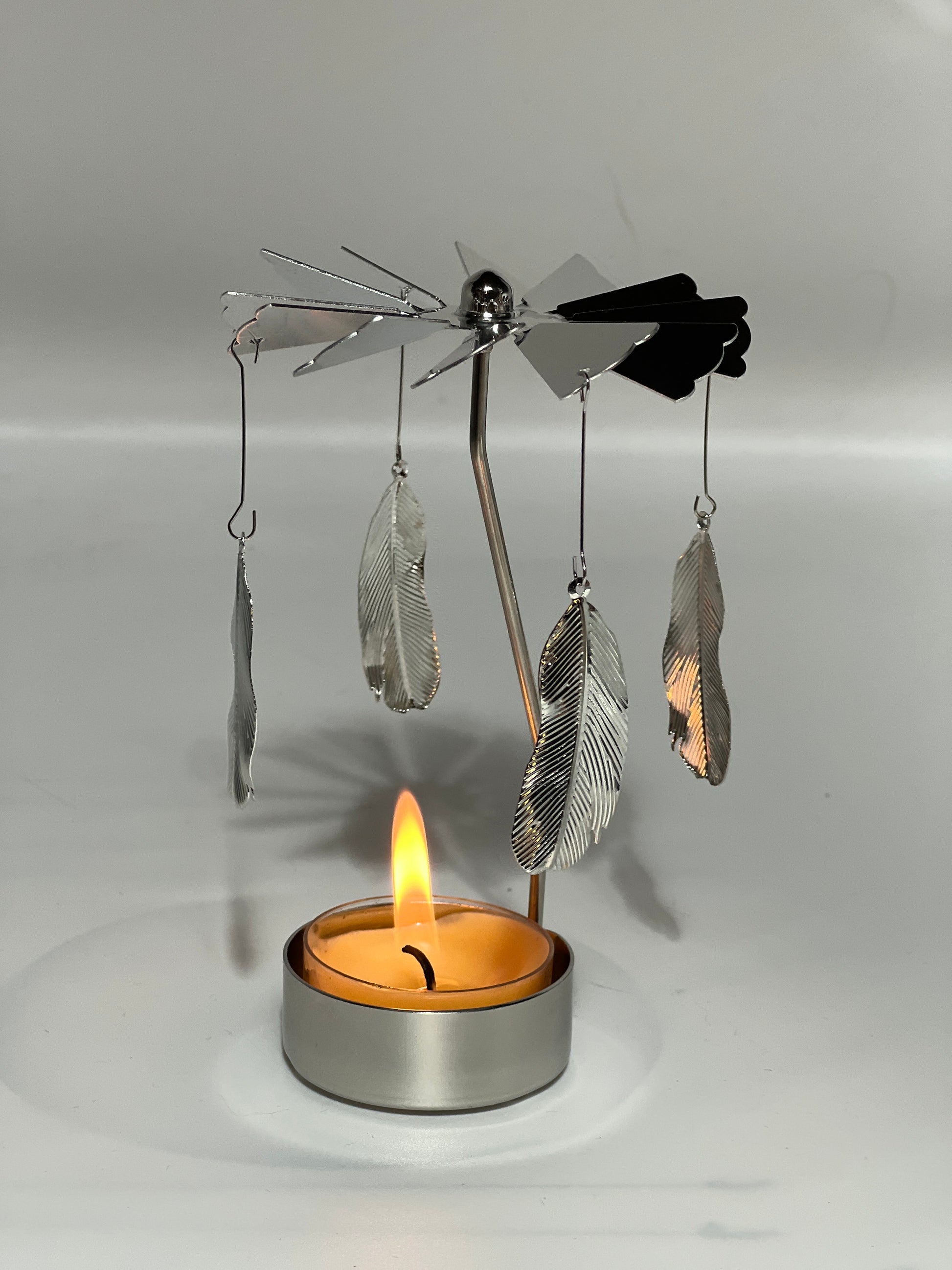 Spinning candle carousel - silver feathers with candle