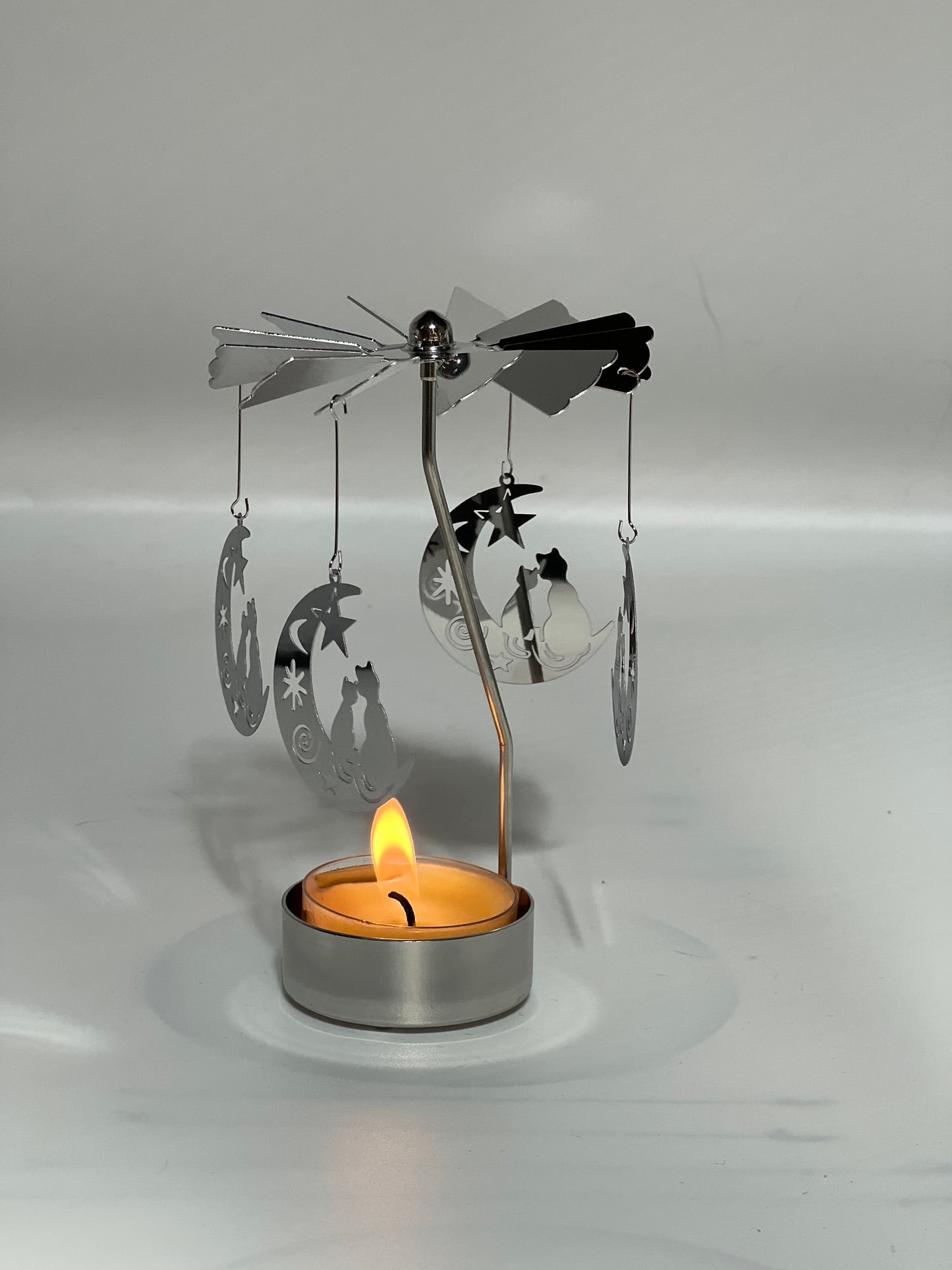Spinning candle carousel - silver cats on the moon with candle