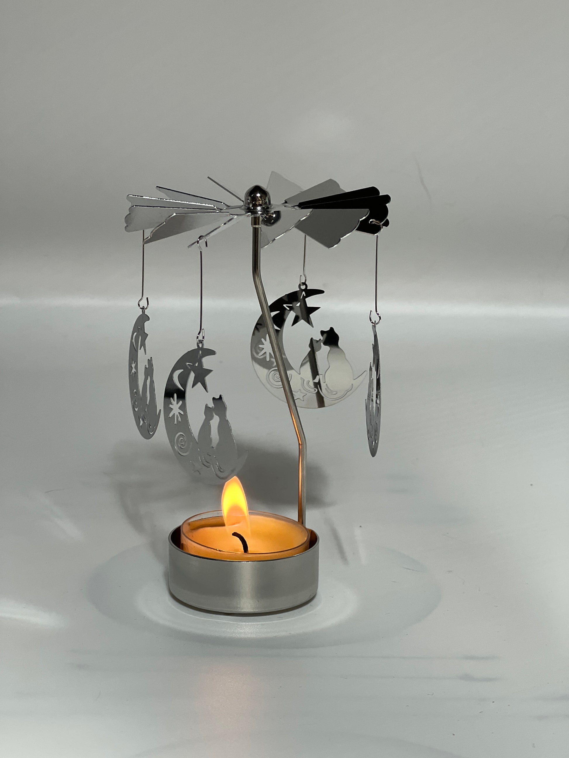 Spinning candle carousel - silver cats on the moon with candle