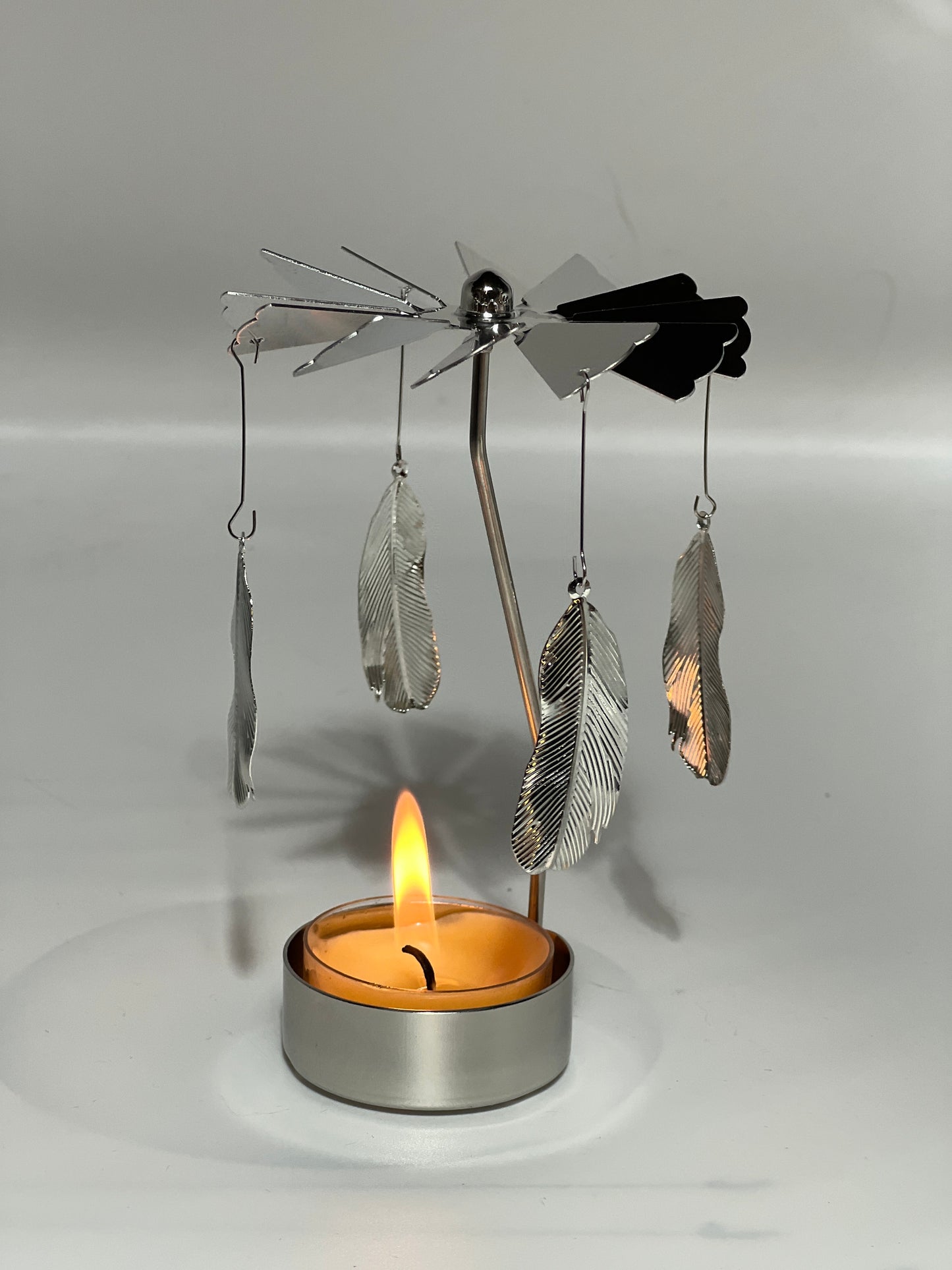 Spinning candle carousel - silver feathers with candle