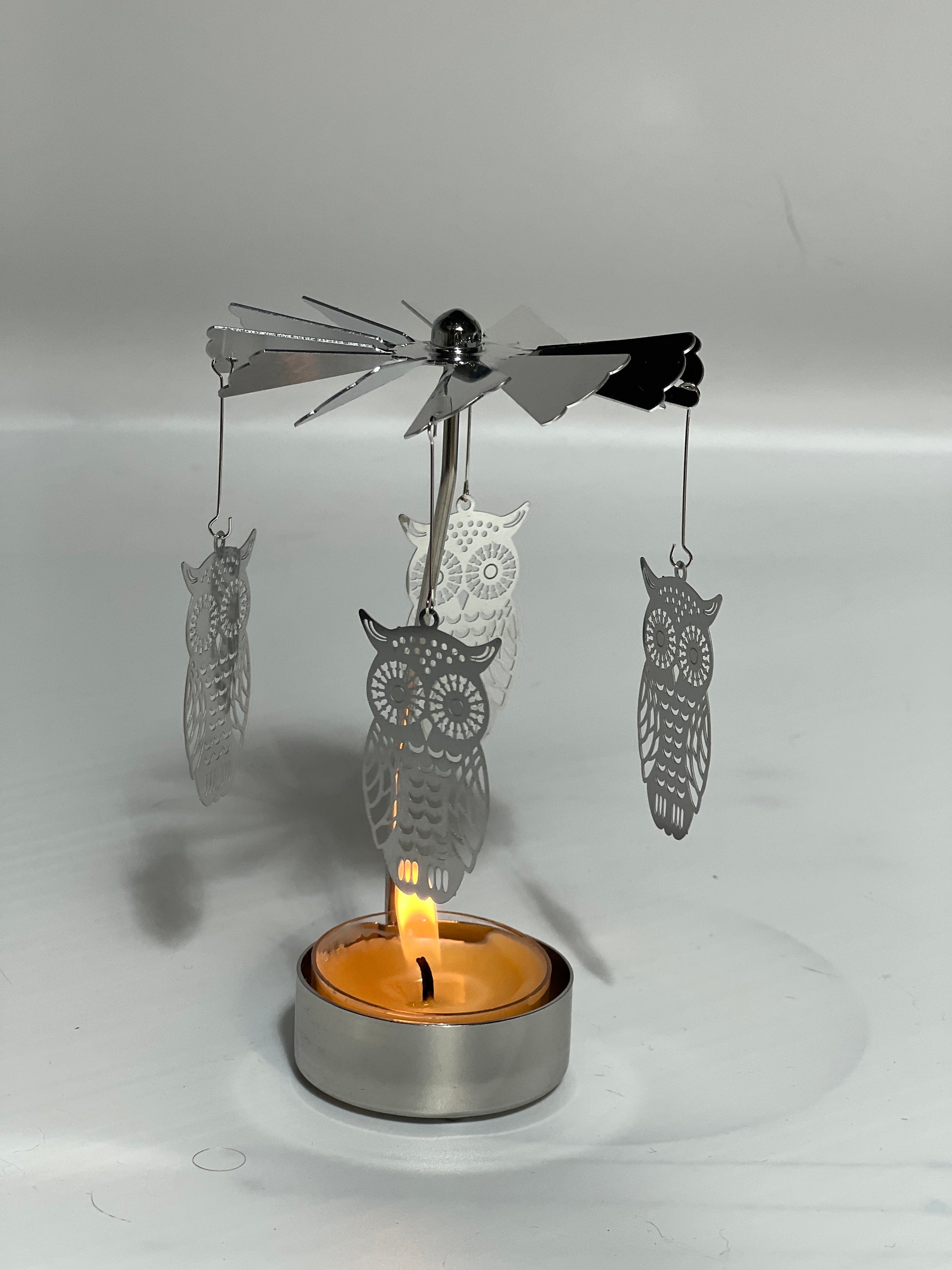 Spinning candle carousel - silver owls with candle