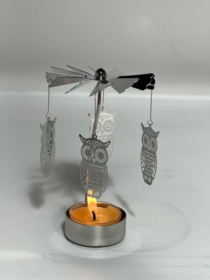 Spinning candle carousel - silver owls with candle