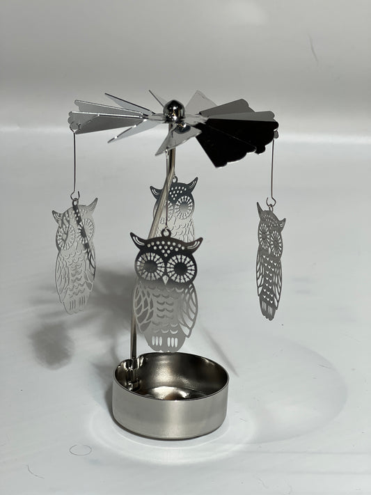 Spinning candle carousel - silver owls without candle