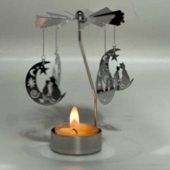 Spinning candle carousel - silver cats on the moon with candle