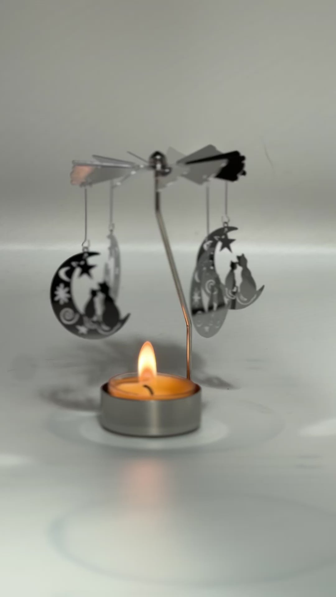 Spinning candle carousel - silver cats on the moon with candle