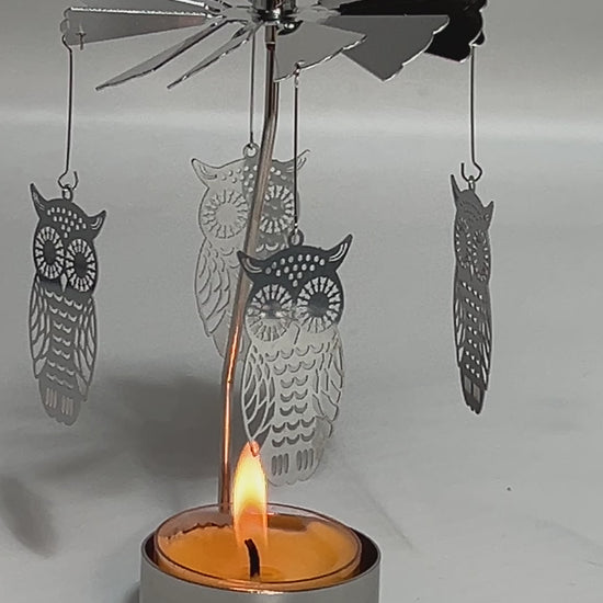 Spinning candle carousel - silver owls