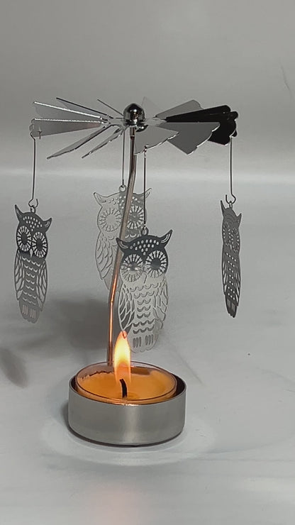 Spinning candle carousel - silver owls